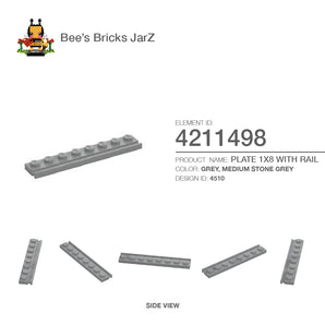 4211498-PLATE 1X8 WITH RAIL-Medium Stone Grey