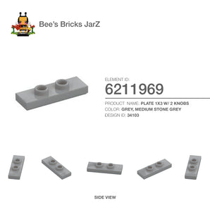 6211969-PLATE 1X3 W/ 2 KNOBS-Medium Stone Grey